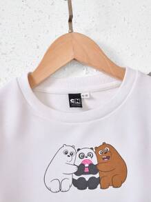 We Bare Bears X SHEIN Tween Girl Cartoon Bear Graphic Knit Crew Neck Loose Sweatshirt & Solid Flare Pants Casual 2pcs Set - Purple - View 7