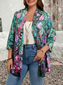 EMERY ROSE EMERY ROSE Plus Size Fall Clothes Teacher Clothes Women's Random Print Simple Daily Blue Jacket