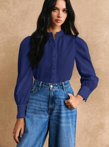 Poéselle 女士单排扣长袖纯色休闲上衣，简约设计，日常穿着 - 藍色 - 查看 5