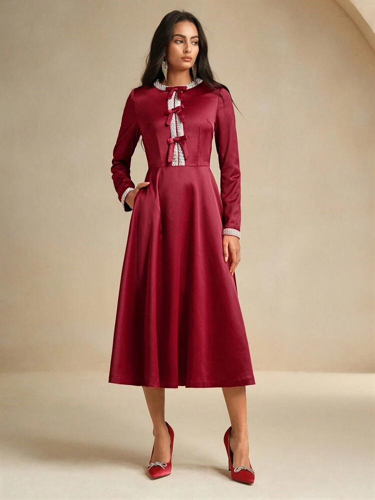 Women's Bow Rhinestone Decor Satin Mid-Length Dress, Elegant For Christmas