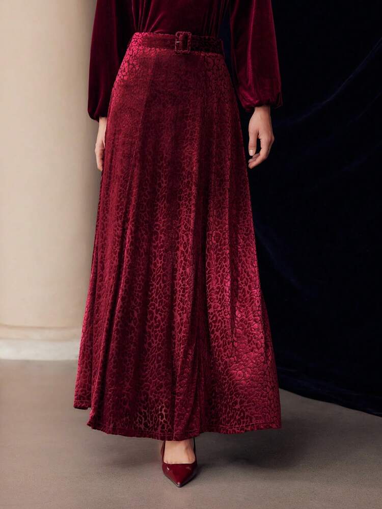 VELVET LEOPARD FLOCKING BURGUNDY DRAPED MAXI SKIRT FOR NEW YEAR, HOLIDAY PARTY , WOMEN