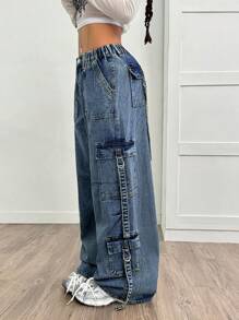 SHEIN PETITE Quần Jeans Ống Rộng Có Dây Rút Eo Giặt Thường Ngày Cho Nữ - Màu xanh lam - Xem 3