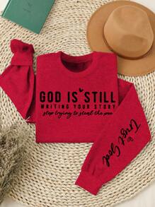 SHEIN LUNE Áo nỉ cổ tròn tay dài in khẩu hiệu của Chúa dành cho nữ mặc thường ngày cho năm mới - Đỏ - Xem 1