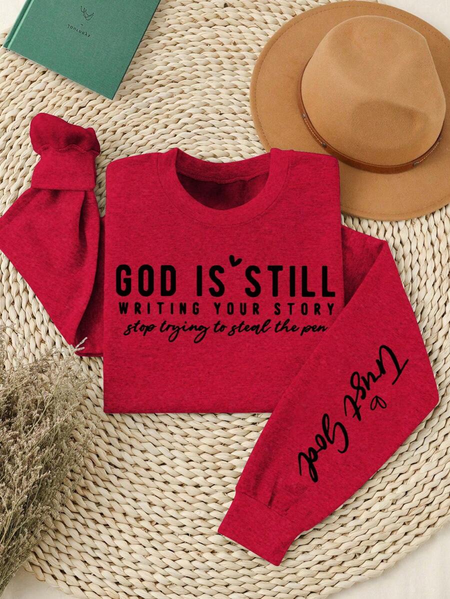 SHEIN LUNE Áo nỉ cổ tròn tay dài in khẩu hiệu của Chúa dành cho nữ mặc thường ngày cho năm mới - Đỏ - Xem 1