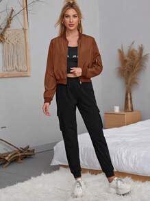 SHEIN Essnce Casual Ribbed Patchwork Zipper Short Jacket, Autumn