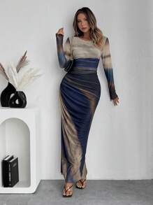 SHEIN PETITE 1 件女式无缝贴肤弹力印花网眼连衣裙，适合所有季节场合和度假长款女装 - 寶藍色 - 查看 7