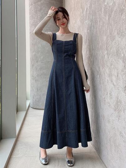 DAZY Đầm denim không tay cổ vuông trơn cho nữ, trang phục mùa thu, đầm đi học.