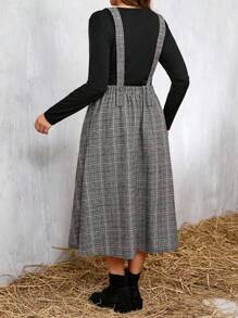 SHEIN LUNE 2pcs Plus Size Casual Solid Color Long Sleeve Top And Plaid Suspender Skirt Set, Autumn