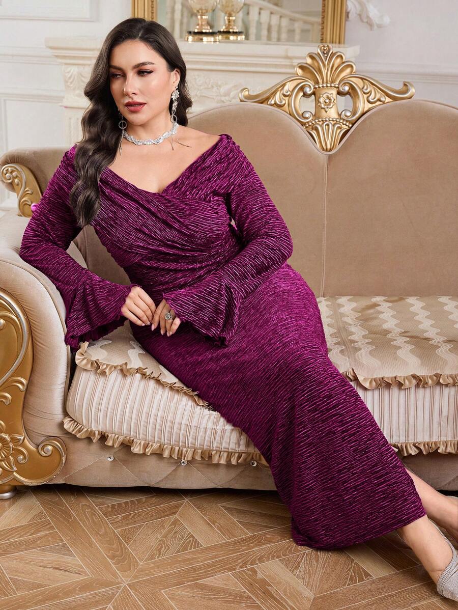 Modelyn Plus Size Elegant Glitter Flare Sleeve Fitted Long Dress, Autumn - Purple - View 1