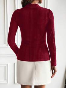 SHEIN LUNE Women Solid Color Stand Collar Long Sleeve Button Decor Slim Fit Ribbed Knit Top, Autumn