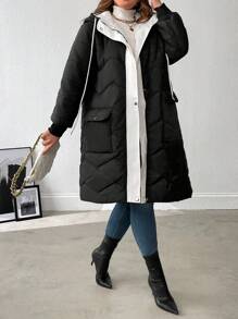 SHEIN LUNE Plus Size Color Block With Pocket Hooded Winter Clothes Long Sleeve Padded Padded Coat