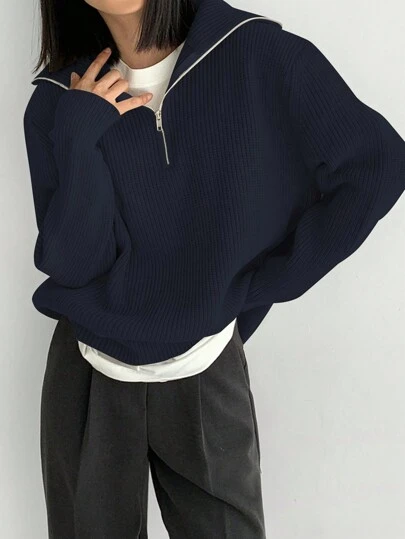 DAZY Casual Solid Color Front Zipper Sweater, Autumn/Winter,Long Sleeve Tops,Fall Women Clothes
