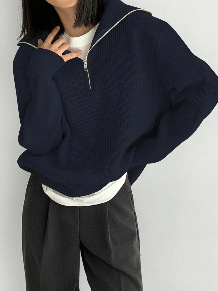 DAZY Casual Solid Color Front Zipper Sweater, Autumn/Winter,Long Sleeve Tops,Fall Women Clothes - Navy Blue - View 1