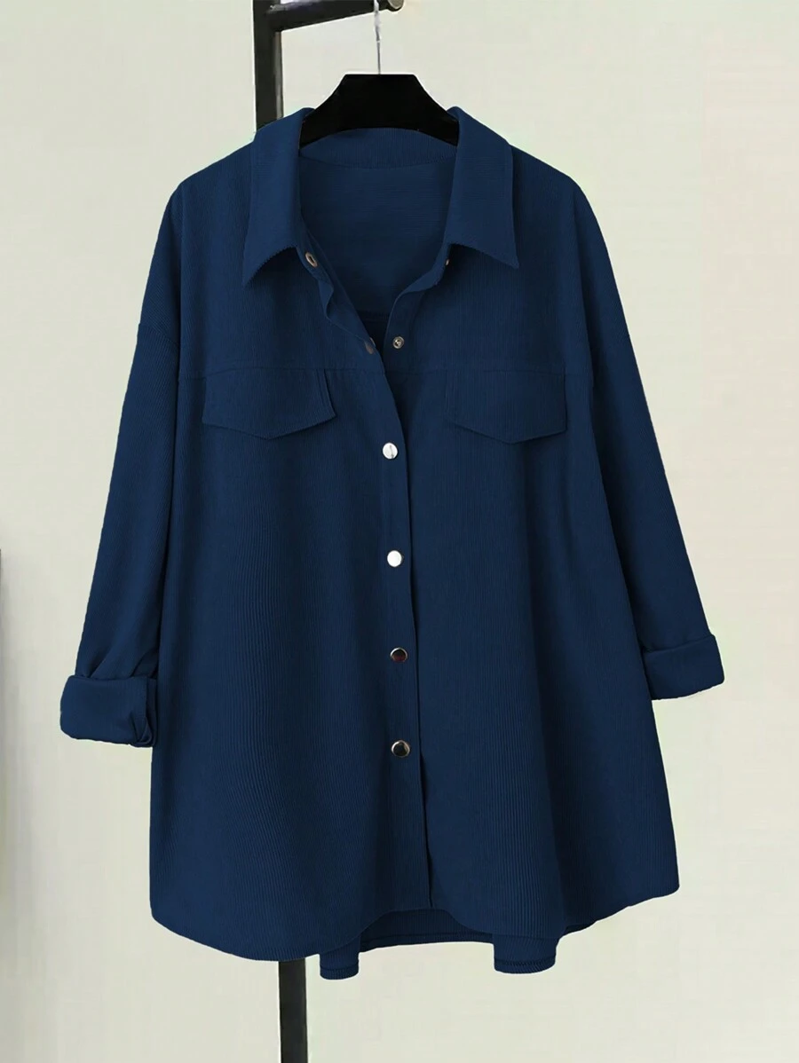SHEIN LUNE 大码休闲灯芯绒宽松长袖衬衫 - 藍色 - 查看 1