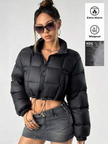 SHEIN ICON 女士休闲纯色抽绳下摆短款羽绒服，冬季 - 黑色 - 查看 3