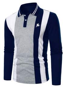 Manfinity Bizformal Camisa polo de manga larga con cuello casual de negocios para hombres, camisa polo clásica de bloques de color azul y blanco para hombres, para salir, para el esposo
