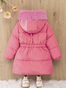Cappotto con cappuccio e cerniera, con collo rimovibile in pelliccia, imbottito, abbigliamento di moda per uso all'aperto, viaggi, feste di compleanno, adatto con qualsiasi pantalone e top, adatto per bambine dai 4 ai 7 anni