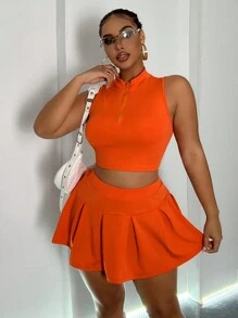 Maweii Ensemble de débardeur court moulant de couleur unie et mini-jupe, grande taille