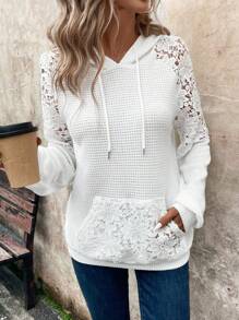 SHEIN LUNE Áo nỉ trùm đầu thêu ren trắng phong cách Pháp giản dị dành cho nữ, mùa thu - trắng - Xem 5
