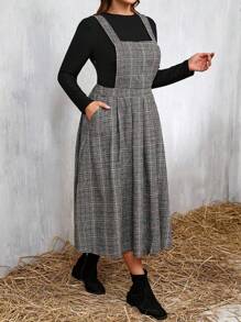 SHEIN LUNE 2pcs Plus Size Casual Solid Color Long Sleeve Top And Plaid Suspender Skirt Set, Autumn