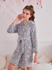 SHEIN Tween Girls 心形图案长袖连帽柔软舒适羊毛长袍，配有可拆卸腰带，秋冬款 - 彩色 - 查看 1