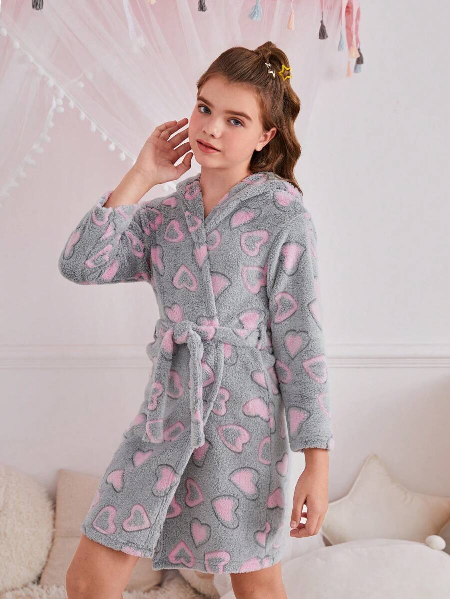 SHEIN Tween Girls 心形图案长袖连帽柔软舒适羊毛长袍，配有可拆卸腰带，秋冬款 - 彩色 - 查看 1