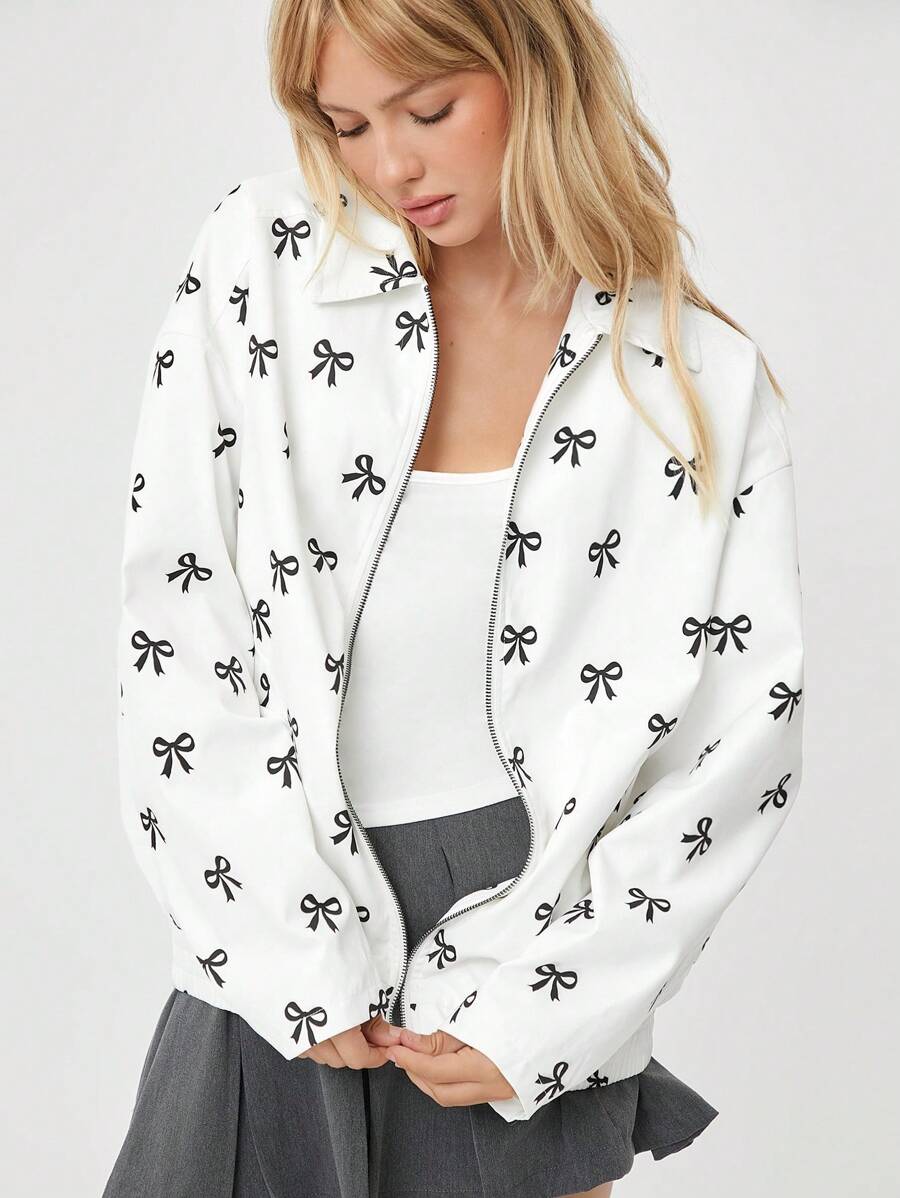 SHEIN EZwear Casual Off-The-Shoulder Zip-Up PU Leather Jacket - White - View 1