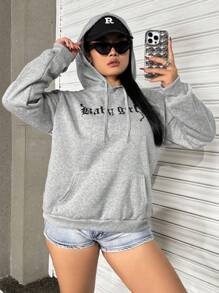 SHEIN EZwear Plus Size Women's Autumn Letter Print Long Sleeve Drawstring Hooded Casual Sweatshirt Graduation,Back To School Outfits,Graduation,Teacher Outfits For Women,Back To School