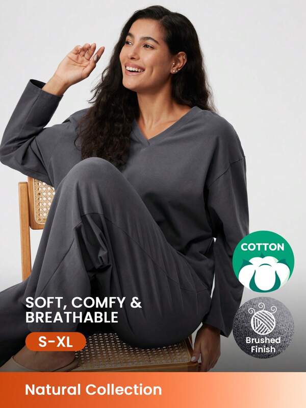 LUVLETTE Soft Cotton Thin Fleece Long V-Neck Women Pajama Loungewear Set Lounge Sets Lingerie As Outerwear