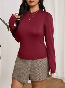 SHEIN Frenchy 加大码 1 件法式纯色圆领长袖基本款 T 恤 - 酒紅色 - 查看 4