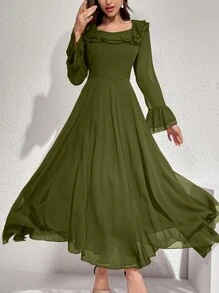 Modelyn 女士优雅纯色喇叭袖荷叶边下摆长裙，秋季长款女士服装长款晚礼服女秋季服装 - 橄欖綠 - 查看 7