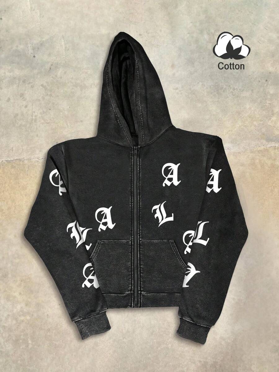 Manfinity EMRG Men's Casual Letter Print Zip Front Hooded Sweatshirt, Fall/Winter - Black - View 1