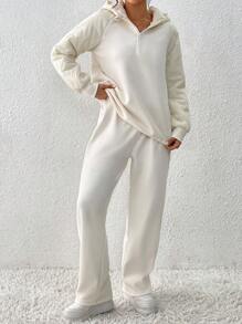 2pcs/Set Women Casual Patchwork Hooded Sweatshirt And Pants, Autumn / Winter