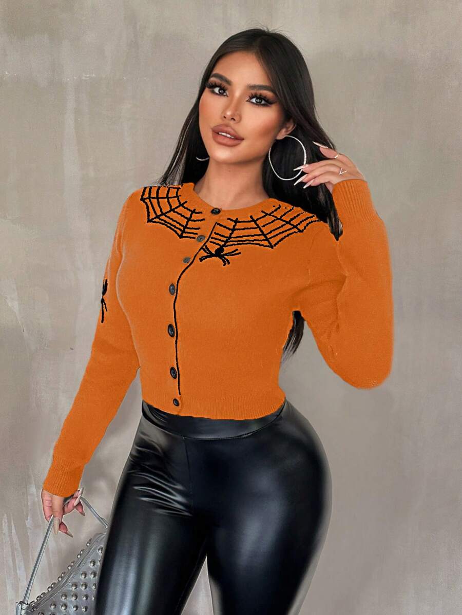 Zolique Áo len cardigan cài nút phía trước hình nhện hai tông màu giản dị dành cho nữ trong lễ Halloween - trái cam - Xem 1