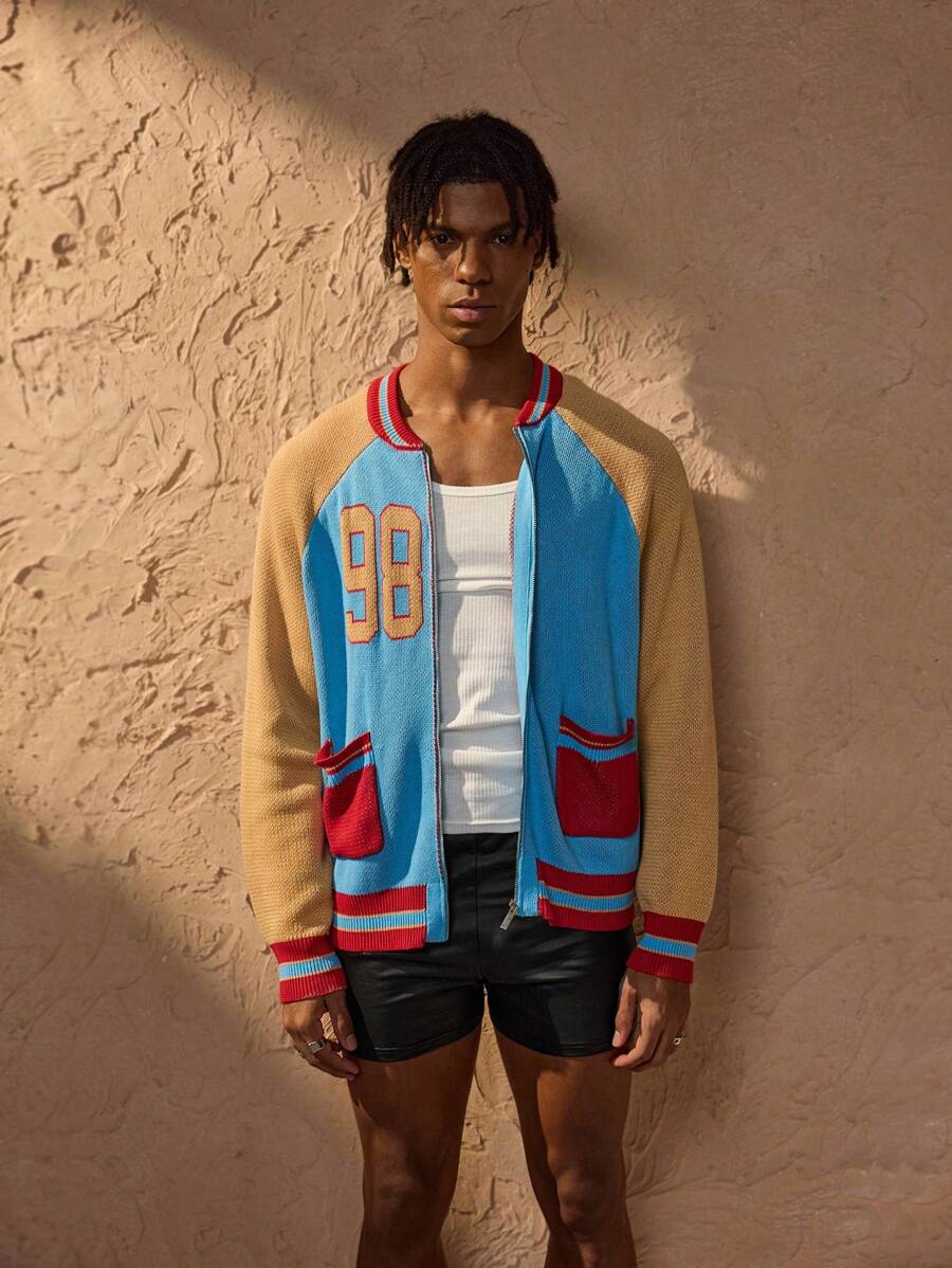 Forever 21 街头休闲宽松棒球夹克,带口袋和数字 98 的色块设计,男士秋冬季超大针织开衫夹克 - 彩色 - 查看 1