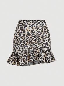 SHEIN MOD Women Leopard Print Pleated Ruffle Hem Short Denim Skirt - Multicolor - View 1