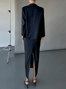 SHEIN Essnce Women Office Lady Suit Set With Leisure Blazer And Long Skirt,Business Casual Woman,Winter Clothes For Women,Fall Women Outfits,Winter Two Pieces Sets - Navy Blue - View 2