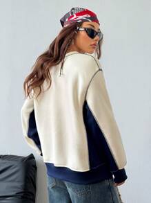 Muchica 女士秋冬 Y2K 撞色保暖内衬运动宽松运动衫 - 杏色 - 查看 4