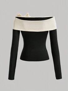 Girlism Teen Girls Plain Colorblock Off-Shoulder Bodycon Long Sleeve Top With Oversized Bow, Elegant & Charming For Party Outings - Black - View 2