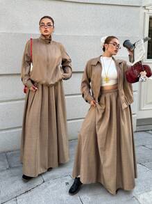 Calvaya 加大码 2 件套：高领夹克上衣和褶皱 A 字长裙，甜美又热情，休闲时尚女士装扮，适合冬季 - 卡其色 - 查看 1
