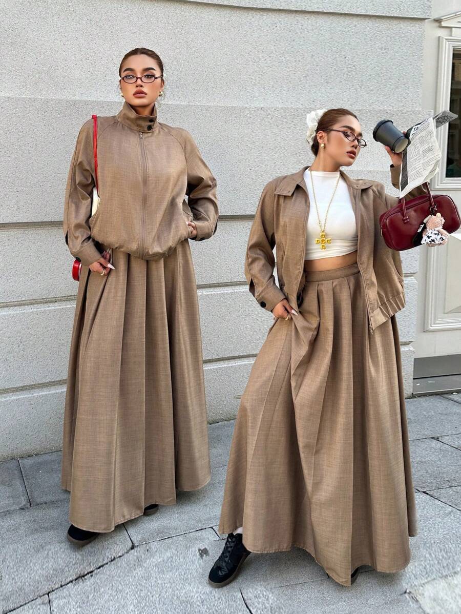 Calvaya 加大码 2 件套：高领夹克上衣和褶皱 A 字长裙，甜美又热情，休闲时尚女士装扮，适合冬季 - 卡其色 - 查看 1