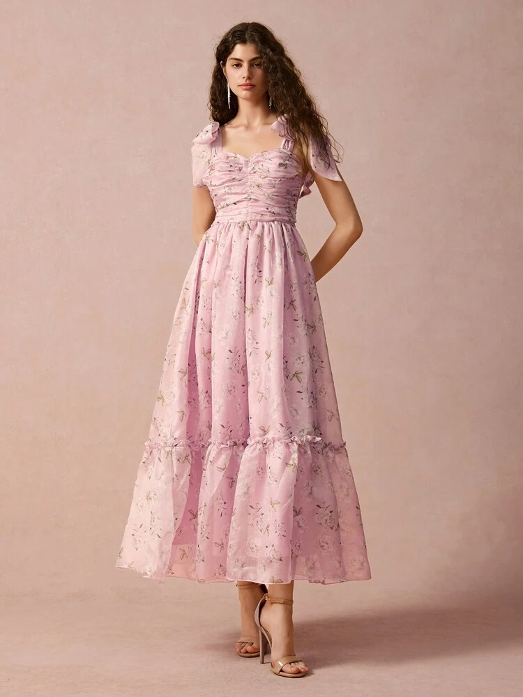 Vestido de mujer con estampado de todo sobre, cordón de ajuste y drapeado