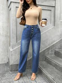 Women's Casual Washed Single-Breasted Denim Jeans