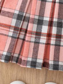 2 件套年轻女孩学院风服装，包括针织罗纹长袖上衣（有领子和蝴蝶结）和格子裙，秋冬 - 粉色 - 查看 3