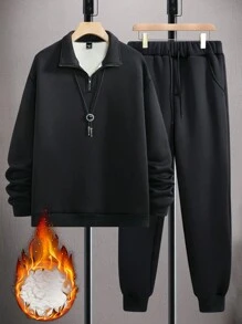 Manfinity Homme 男士纯色拉链半襟保暖内衬长袖运动衫和运动裤套装，秋冬季休闲装