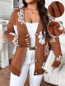 Calvaya 大码休闲花卉图案前扣开衫，适合秋冬季 - 鏽棕色 - 查看 1