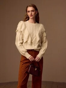 MOTF PREMIUM SOLID LAYERED RUFFLE TRIM CABLE KNIT SWEATER - Apricot - View 8