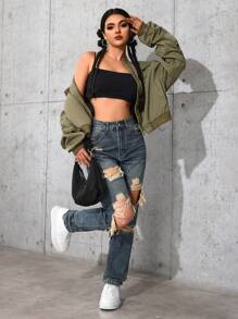 SHEIN EZwear Women Pocket Distressed Straight Leg Loose Casual Versatile Denim Jeans