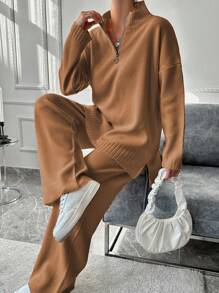 EURMUSE Women Casual Solid Color Stand Collar Sweater & Long Pants 2Pcs Set For Autumn/Winter - Camel - View 4