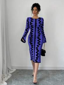 Elenzga 女士优雅提花针织紧身连衣裙 - 藍色 - 查看 6